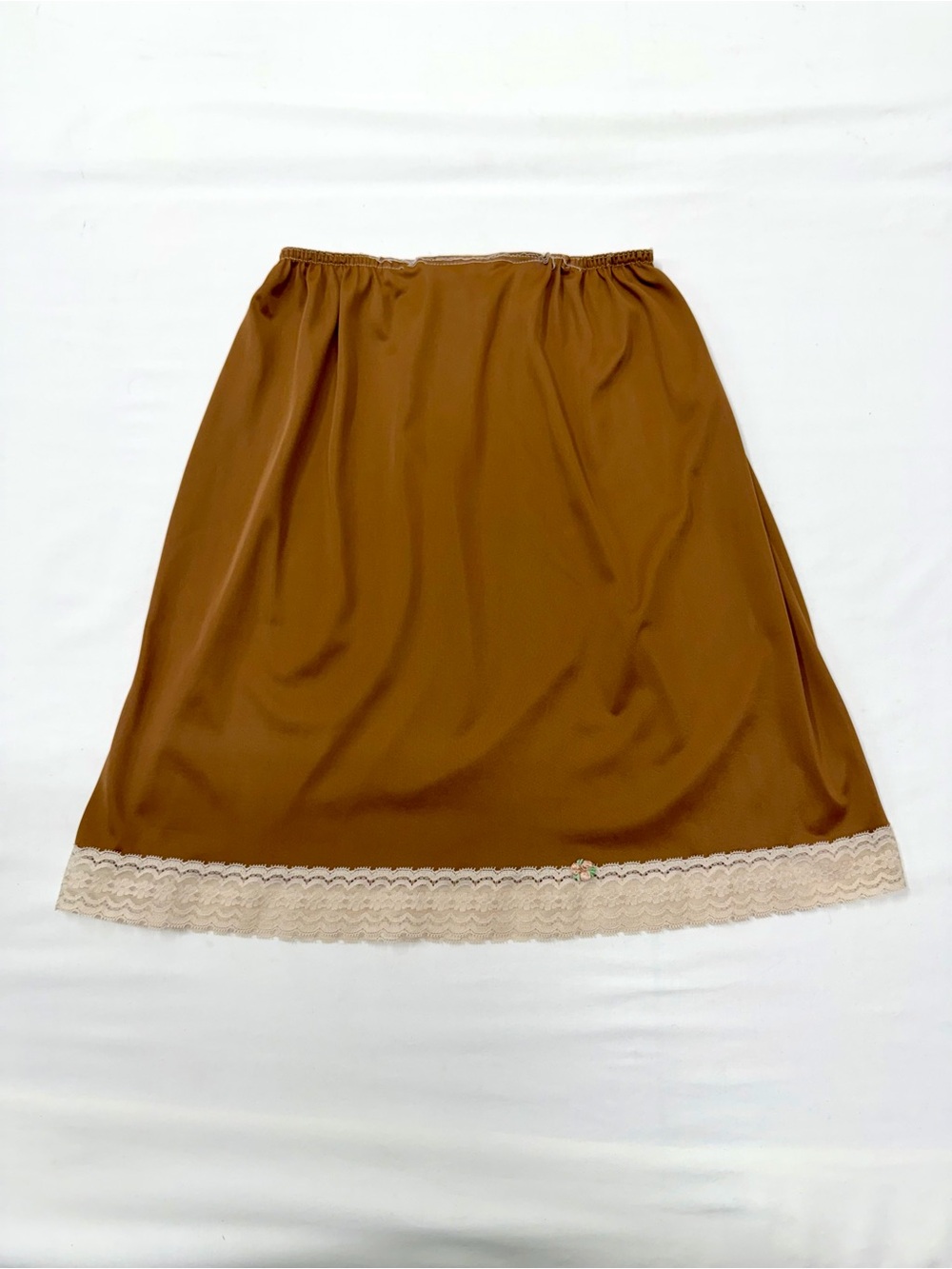 Vintage Brown Slip Skirt with Cream Lace Trim & Rose Embroidery